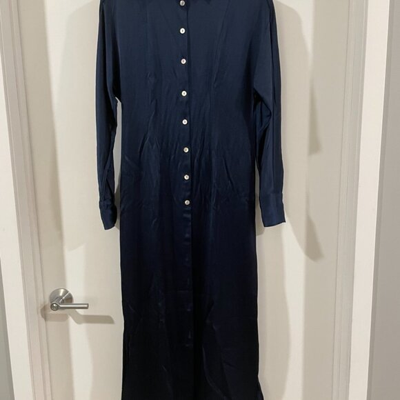 Madewell button-front navy satin midi-maxi dress - Picture 2 of 5